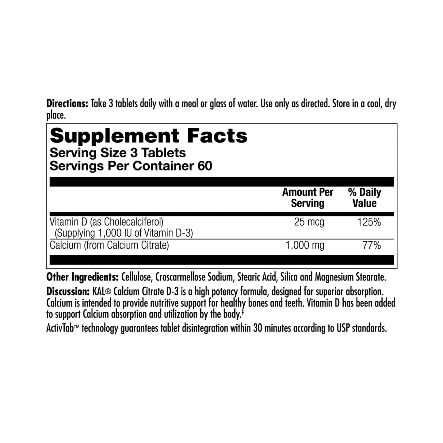 KAL Calcium Citrate Supplement with Vitamin D3, 180 Tablets