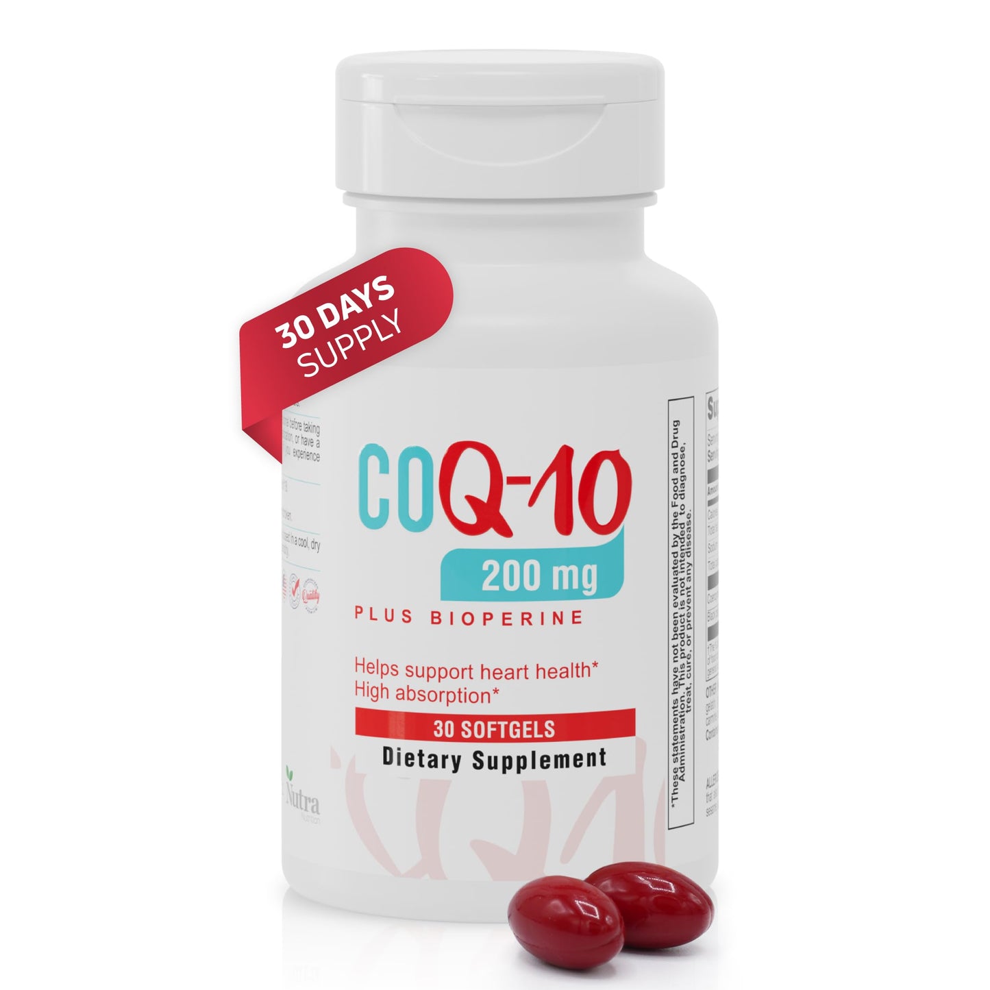 Nutra Nutrition CoQ10 200 mg with Black Pepper Extract – High Absorption Coenzyme Q10 Supplement – Supports Heart Health & Cellular Energy, Softgels, 30 Count