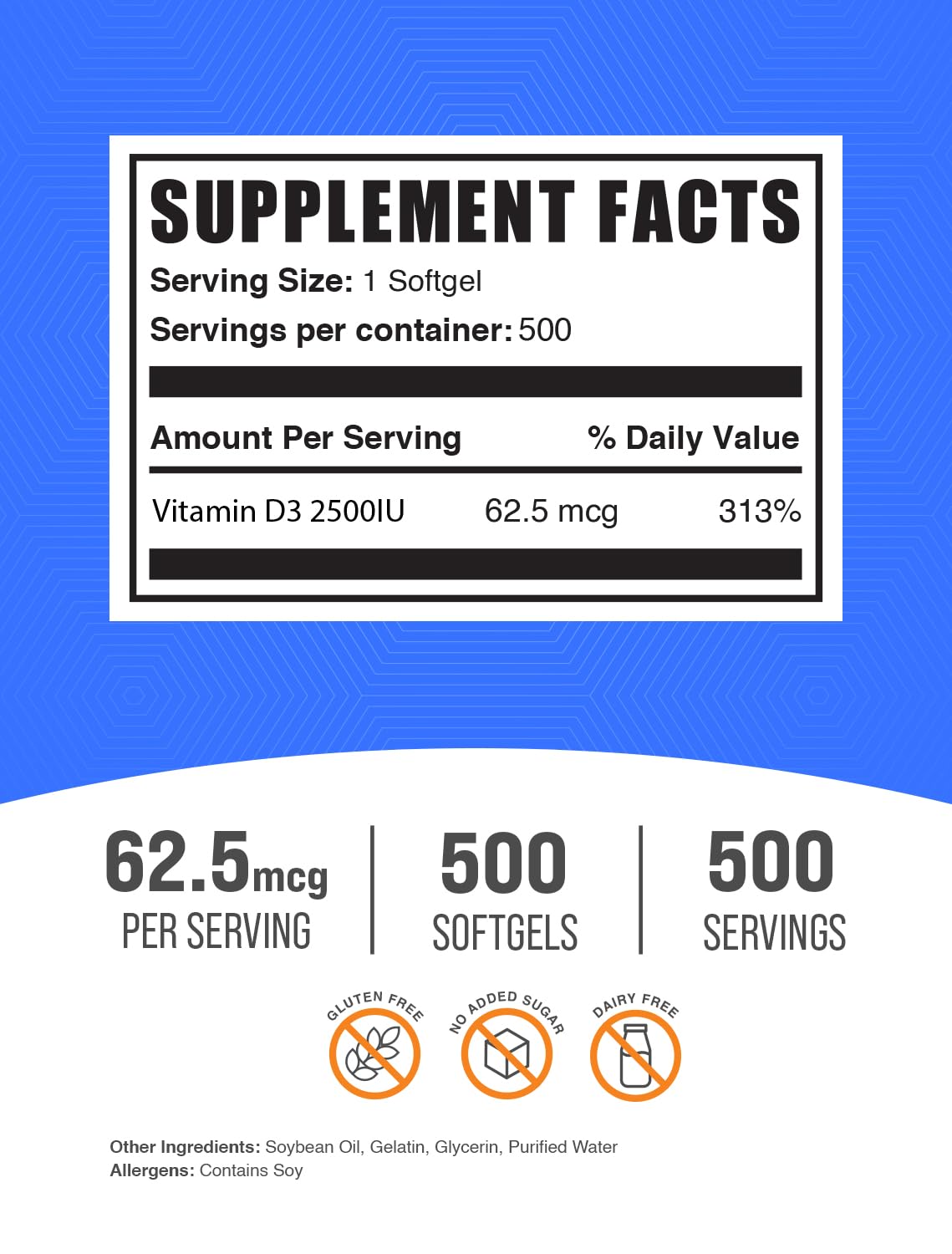 BulkSupplements Vitamin D3 2500IU Softgels, 500-Count