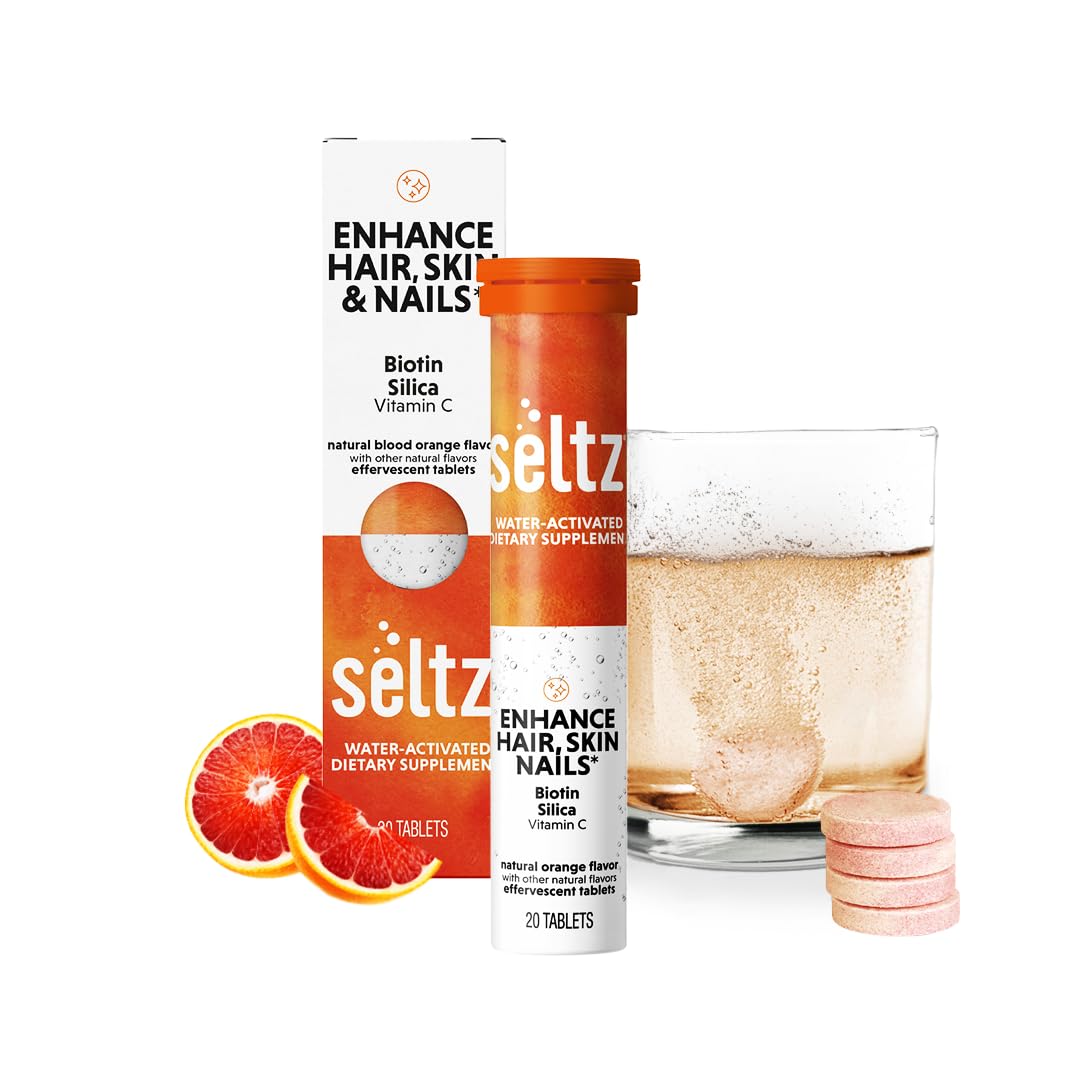 Seltz Enhance Hair, Skin & Nails – Effervescent Vitamins with Biotin, Silica & Vitamin C for Beauty & Immune Support – Blood Orange Flavor, No Sugar Added, 20 Tablets