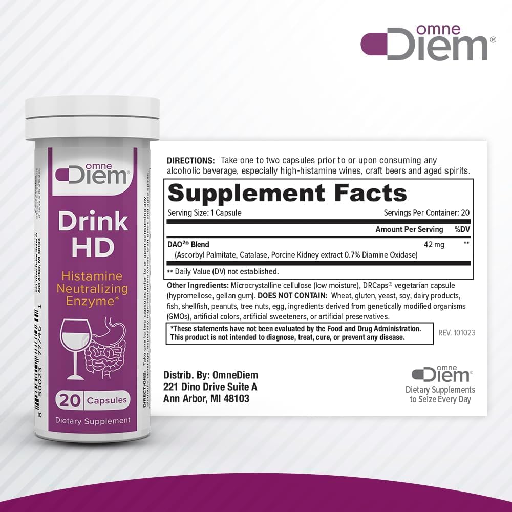 Omne Diem DrinkHD Diamine Oxidase DAO Enzyme Capsules 60 Count