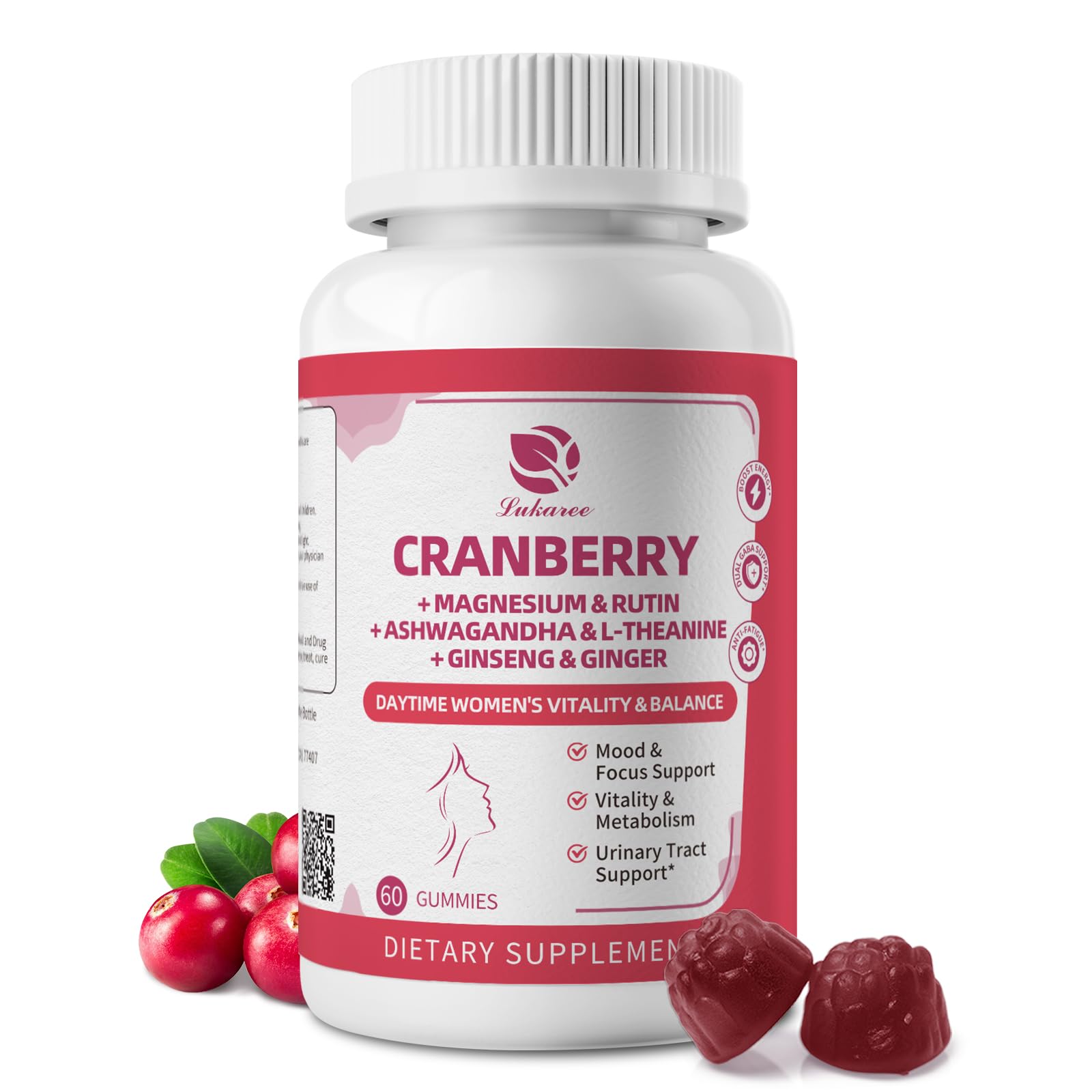 Lukaree Cranberry Gummies for Women – Cranberry Supplement with D-Mannose, Ashwagandha, Magnesium & Ginseng – Urinary Tract, Mood & Energy Support – Daytime Vitality – 60 Gummies