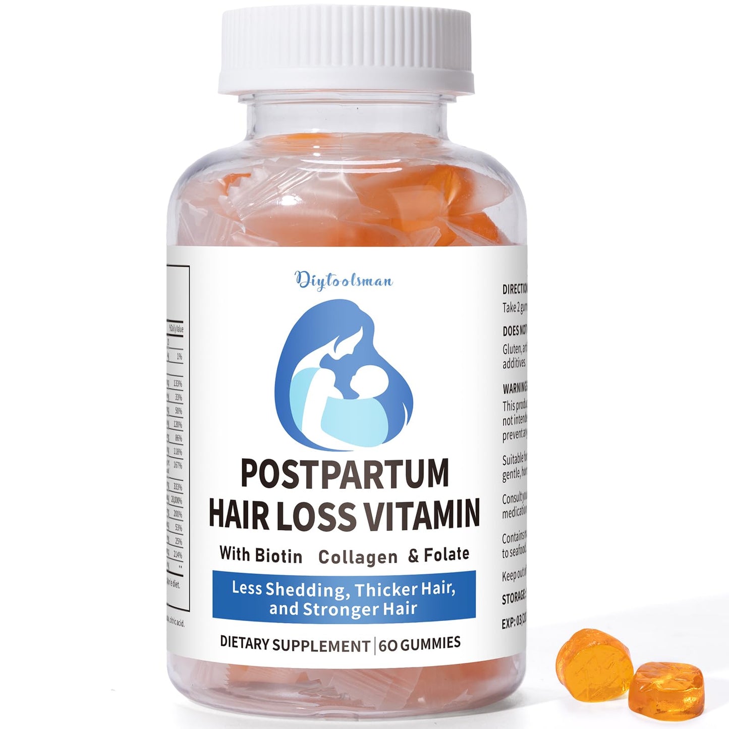 diytoolsman Postpartum Hair Loss Vitamin Gummies with Biotin, Collagen & Folate, Vegan, 60 Gummies