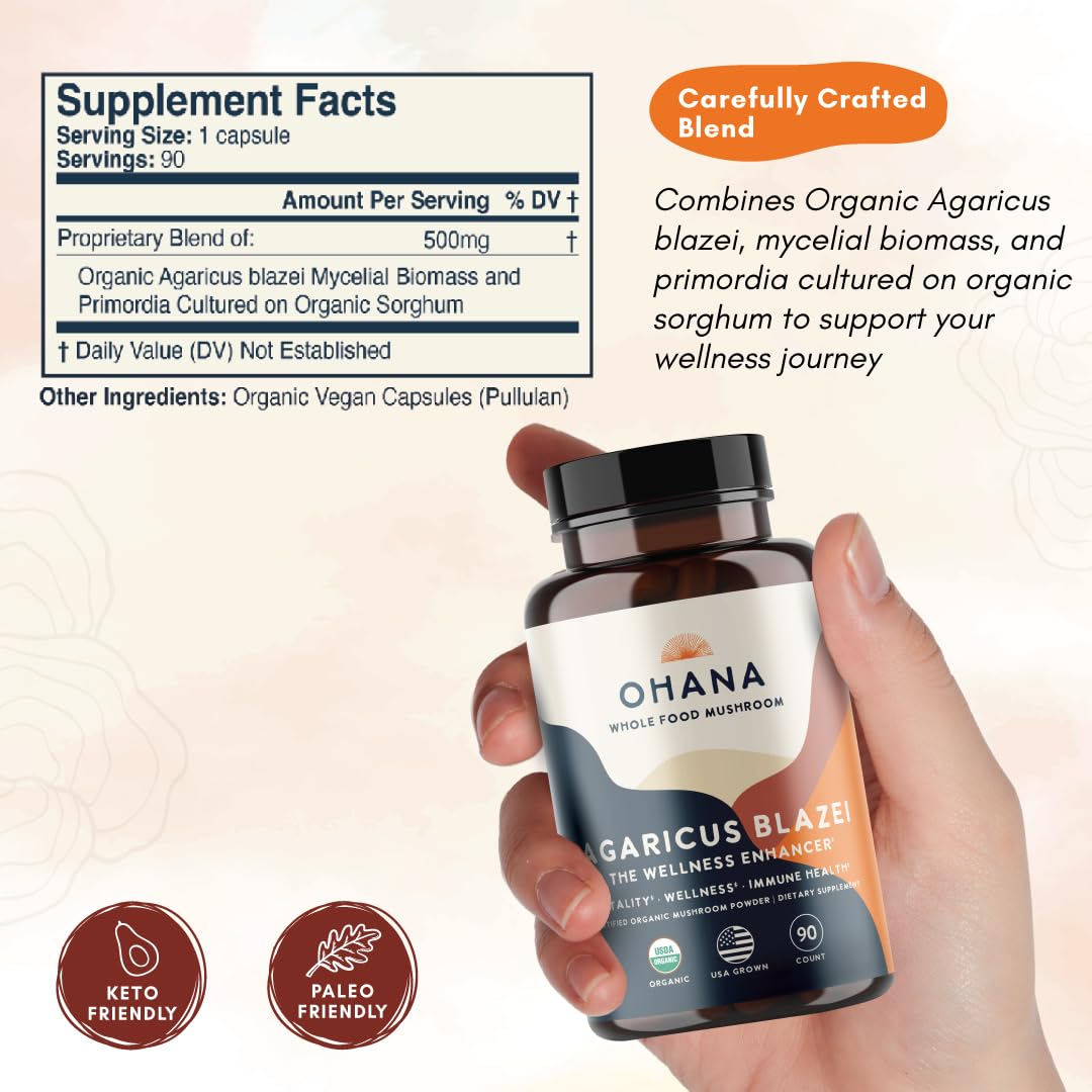 Ohana Mushrooms Agaricus Blazei Organic Mushrooms Blend USDA-Organic Whole Food Mushroom Supplement Capsule 1 Count