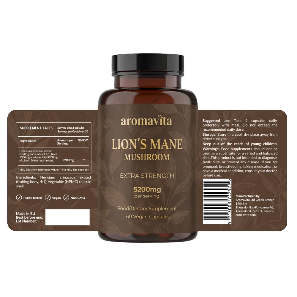AROMAVITA Lion’s Mane Mushroom Extract 5200mg Capsule, 1 Capsule