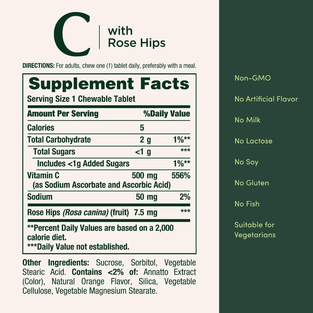 Nature's Bounty Vitamin C 500 mg with Rosehips Chewable Tablets, 90 Count