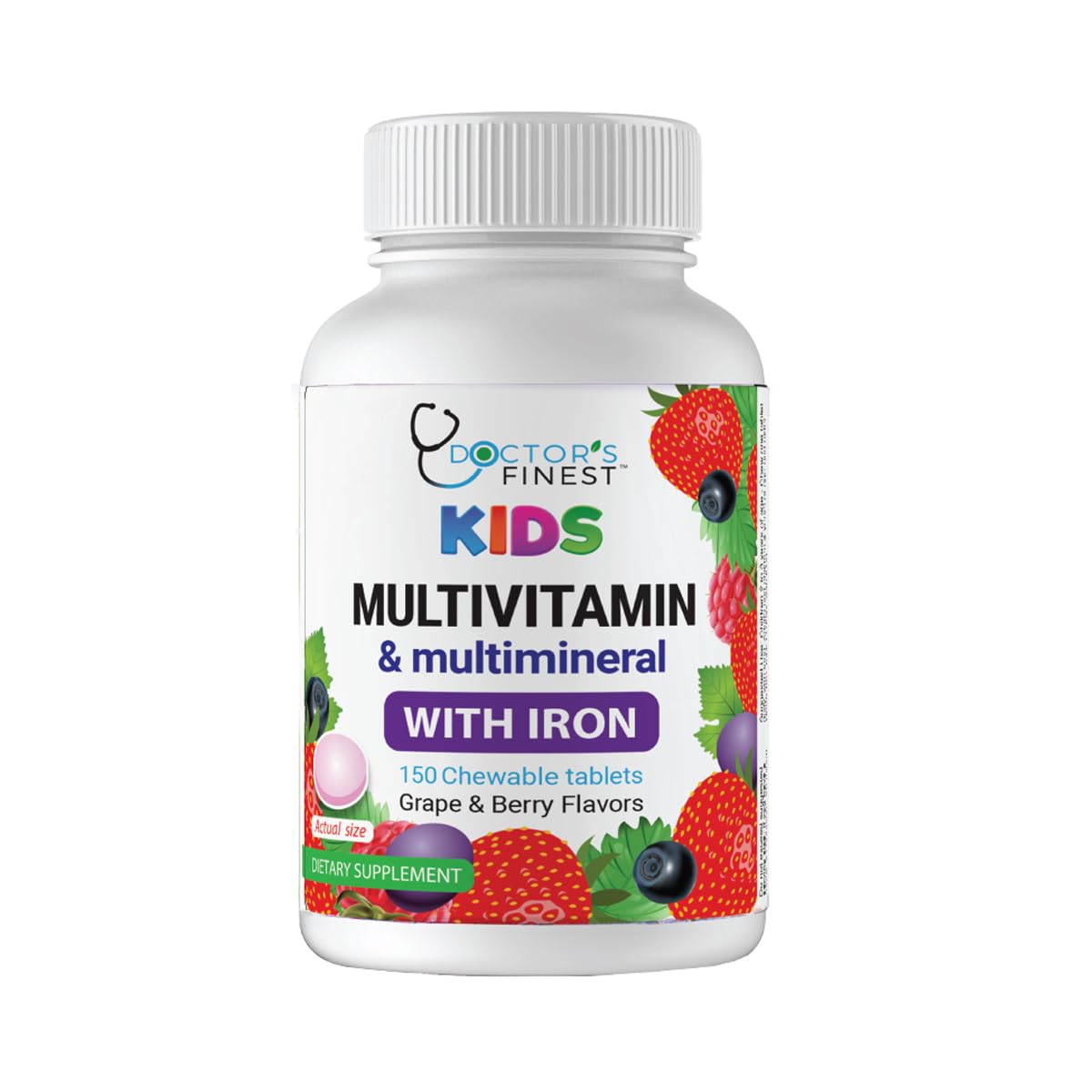 Doctor's Finest Kids Multivitamin & Multimineral with Iron, Grape & Berry Chewable Tablets, 150 Tablets