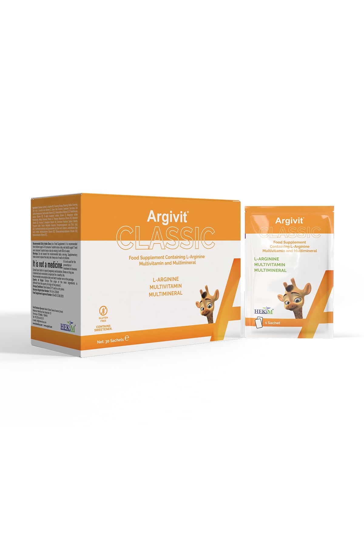 Argivit L-Arginine with 18 Vitamins and Minerals Multivitamin Immune and Energy Support, Classic Sachet, Powder, 30 Sachets