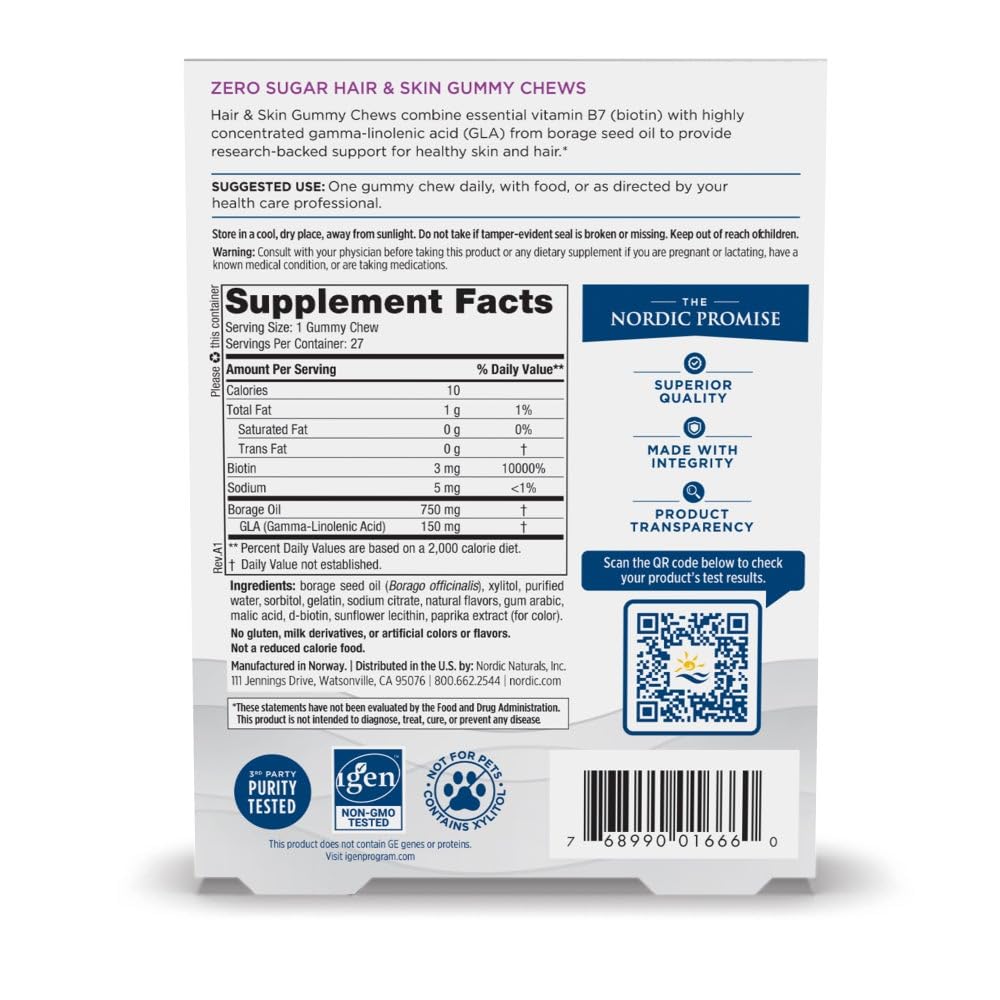 Nordic Naturals Zero Sugar Hair & Skin Gummy Chews, 27 Gummies