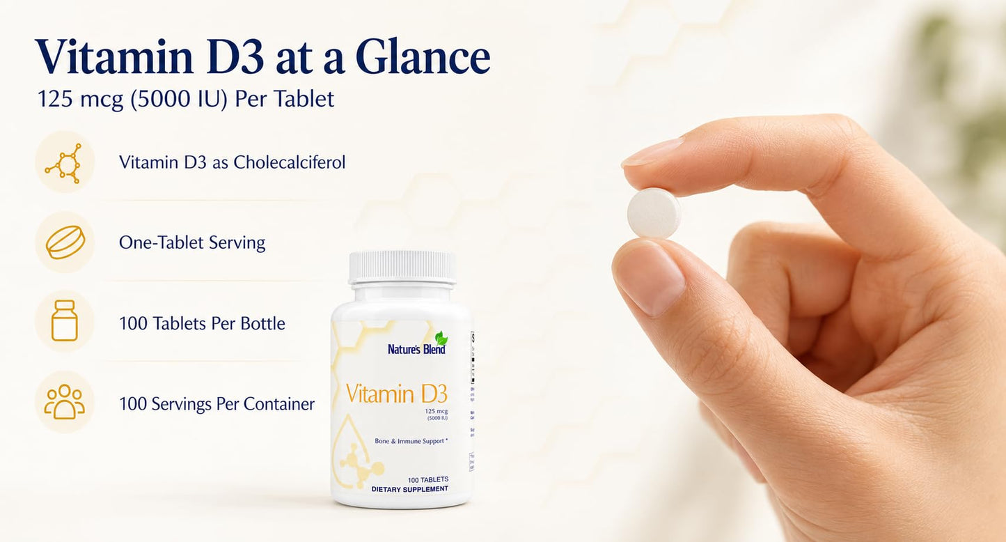 Nature's Blend Vitamin D3 5000 IU 125 mcg Tablet, 100 Tablets