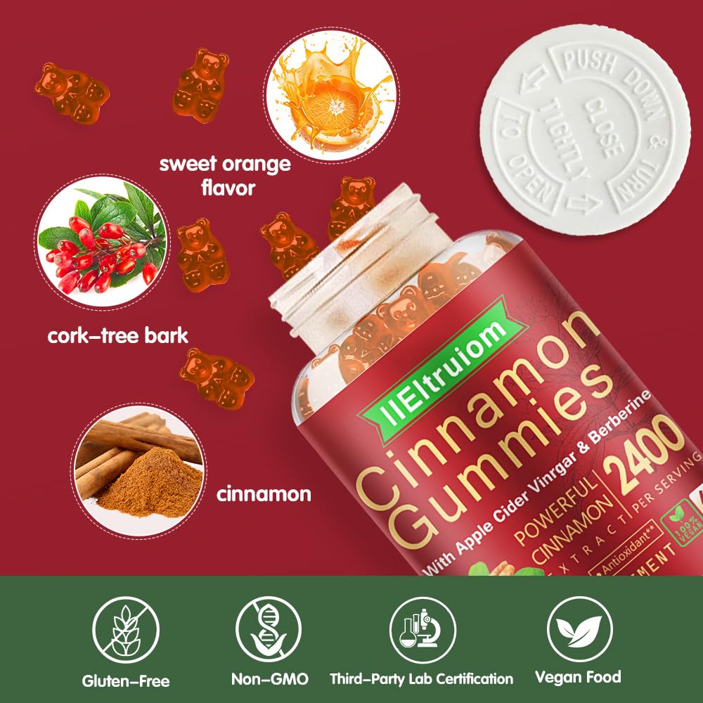 IIEltruiom Cinnamon Gummies 2400mg with Berberine, Turmeric, Apple Cider Vinegar, Bitter Melon, Chromium - Vegan, Non-GMO, 120 Gummies