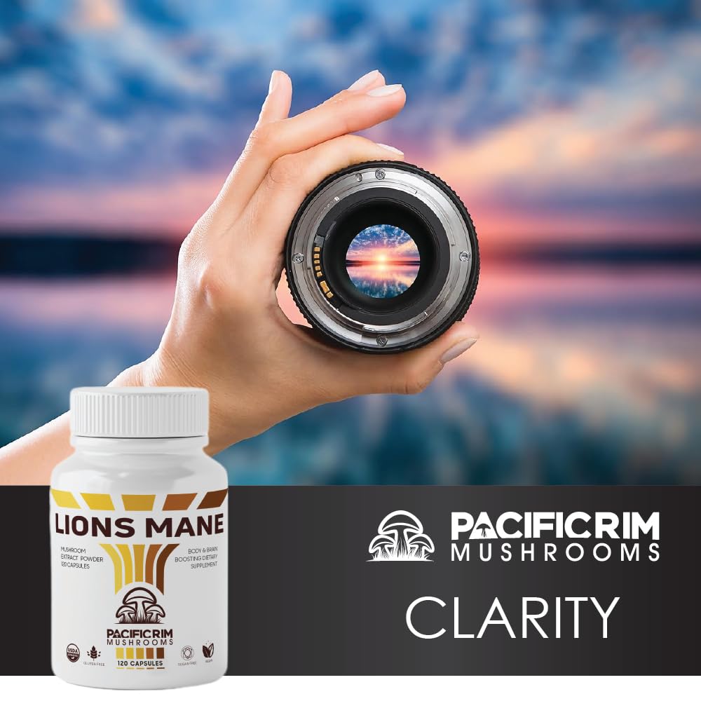 Pacific Rim Mushrooms Lions Mane Supplement Capsules, Organic Mushroom Extract, Ultra Strength 10:1 Lions Mane Mushroom, 60 Capsules