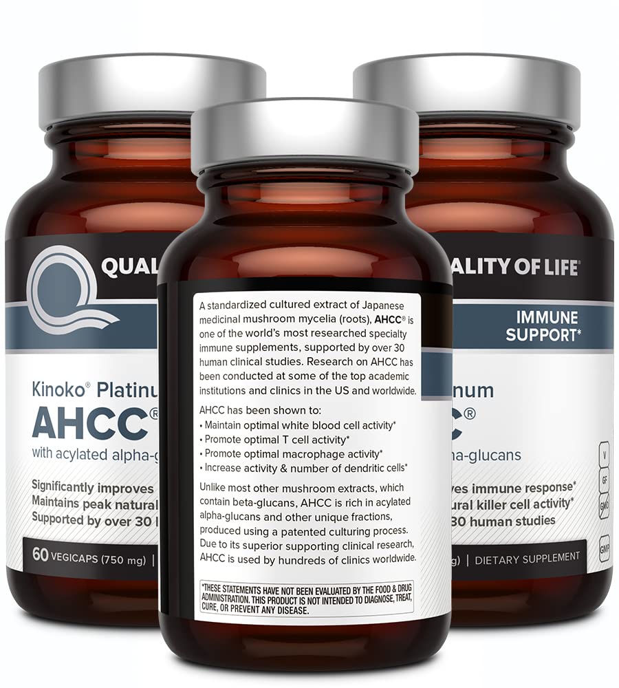 Quality of Life AHCC Kinoko Platinum 750 mg Capsule, 180 Count