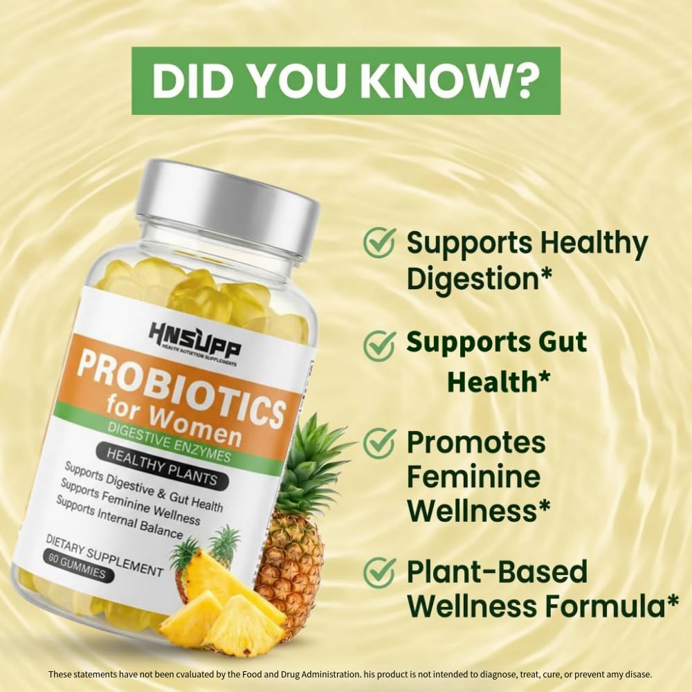 HNSUPP Women Probiotic Gummies Sugar Free Tropical Pineapple Chew, 60 Count