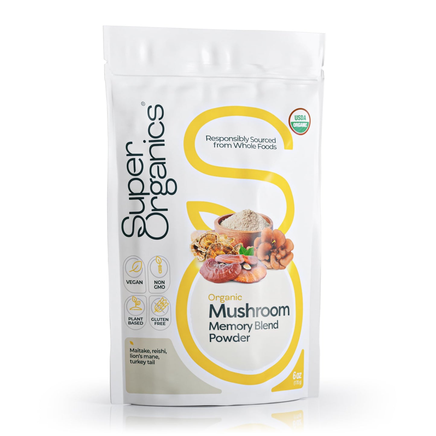 Super Organics Mushroom Memory Blend Powder – Organic Superfood Mushroom Supplement with Lion’s Mane, Reishi, Maitake & Turkey Tail, Vegan Adaptogenic Powder, 6 oz