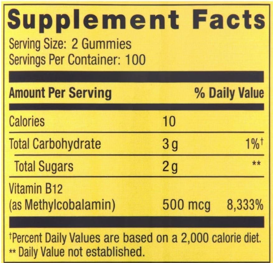 Generic Vitamin B12 Organic Vegetarian Gummies with Methylcobalamin 500 mcg, 200 Count