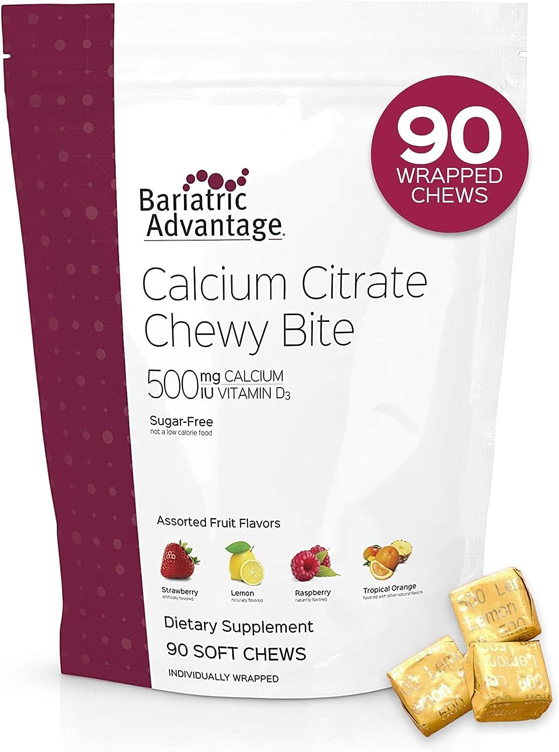 Bariatric Advantage Chewable Advanced Multi EA Without Iron, Mixed Fruit, 60 Count and Calcium Citrate Chewy Bites 500 mg, Assorted Fruit Flavor, 90 Count