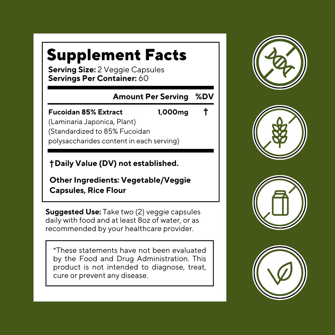 Vitapia Pure Fucoidan 85% Brown Seaweed Extract 1000mg Fucoidan Per Serving Veggie Capsules 120
