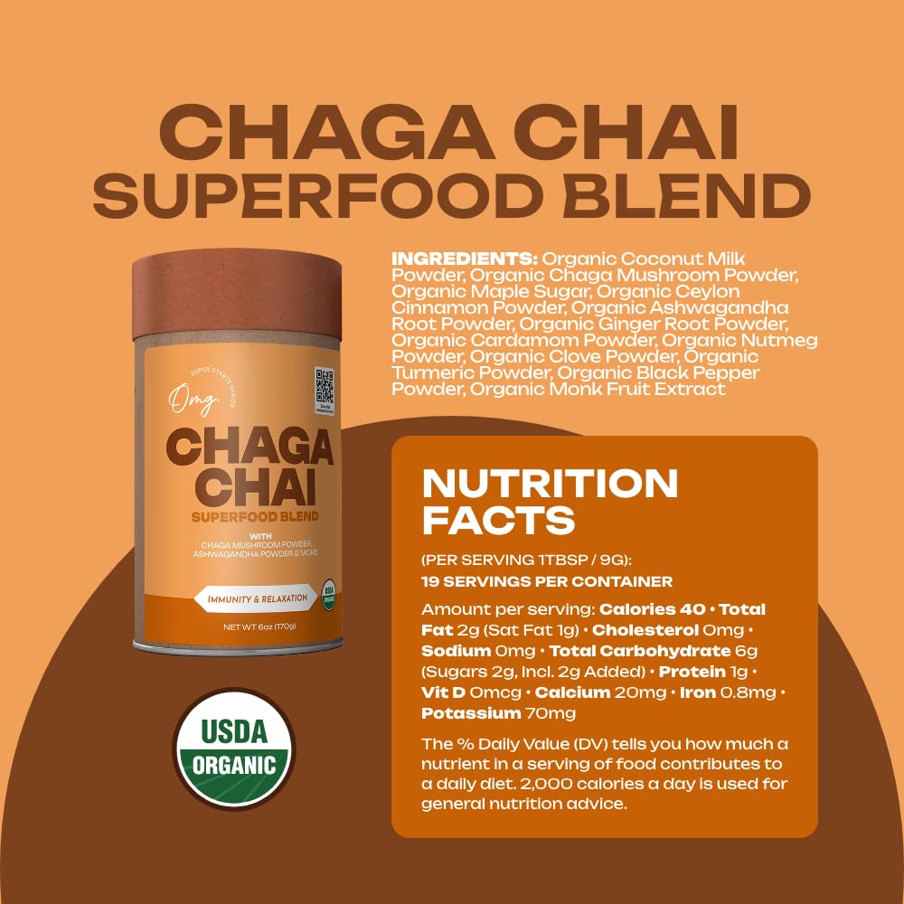 OMG! Organic Meets Good Superfoods Certified Organic Chaga Chai Instant Mix Powder, 8