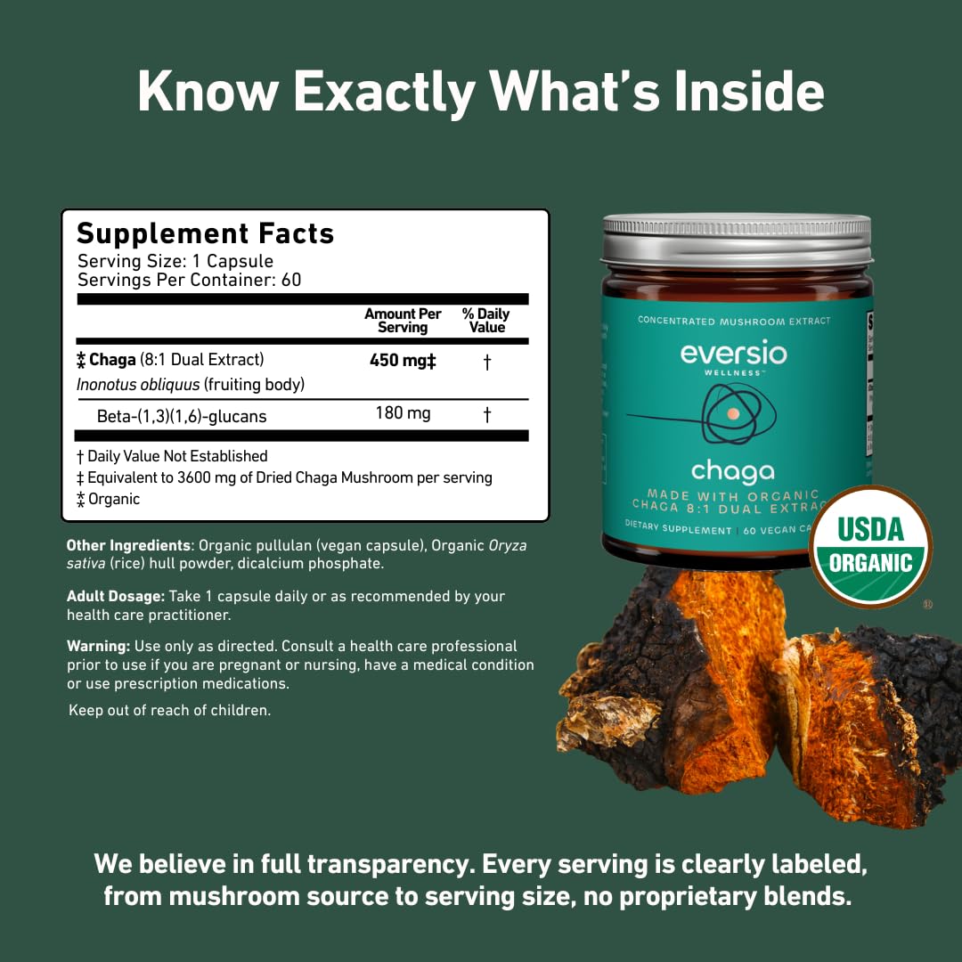 Eversio Wellness Organic Chaga 8:1 Dual Extract, 450mg per Capsule, 60 Capsules