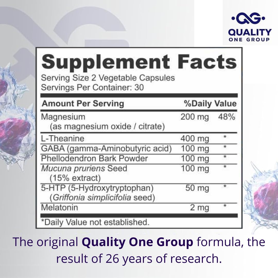 QUALITY ONE Sleep Support Supplement with Magnesium Oxide, Magnesium Citrate, Melatonin, GABA, Mucuna pruriens Seed, L-Theanine and 5-HTP Capsules, 60 Count