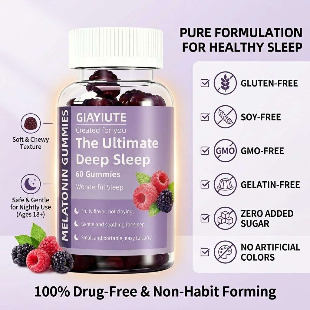 Giayiute Melatonin 4mg Gummies with L-Theanine, GABA, Lemon Balm & Magnesium – Deep Sleep Support, Vegan Gluten Free Chewable Sleep Gummy for Adults, Jet Lag Relief, 120 Gummies
