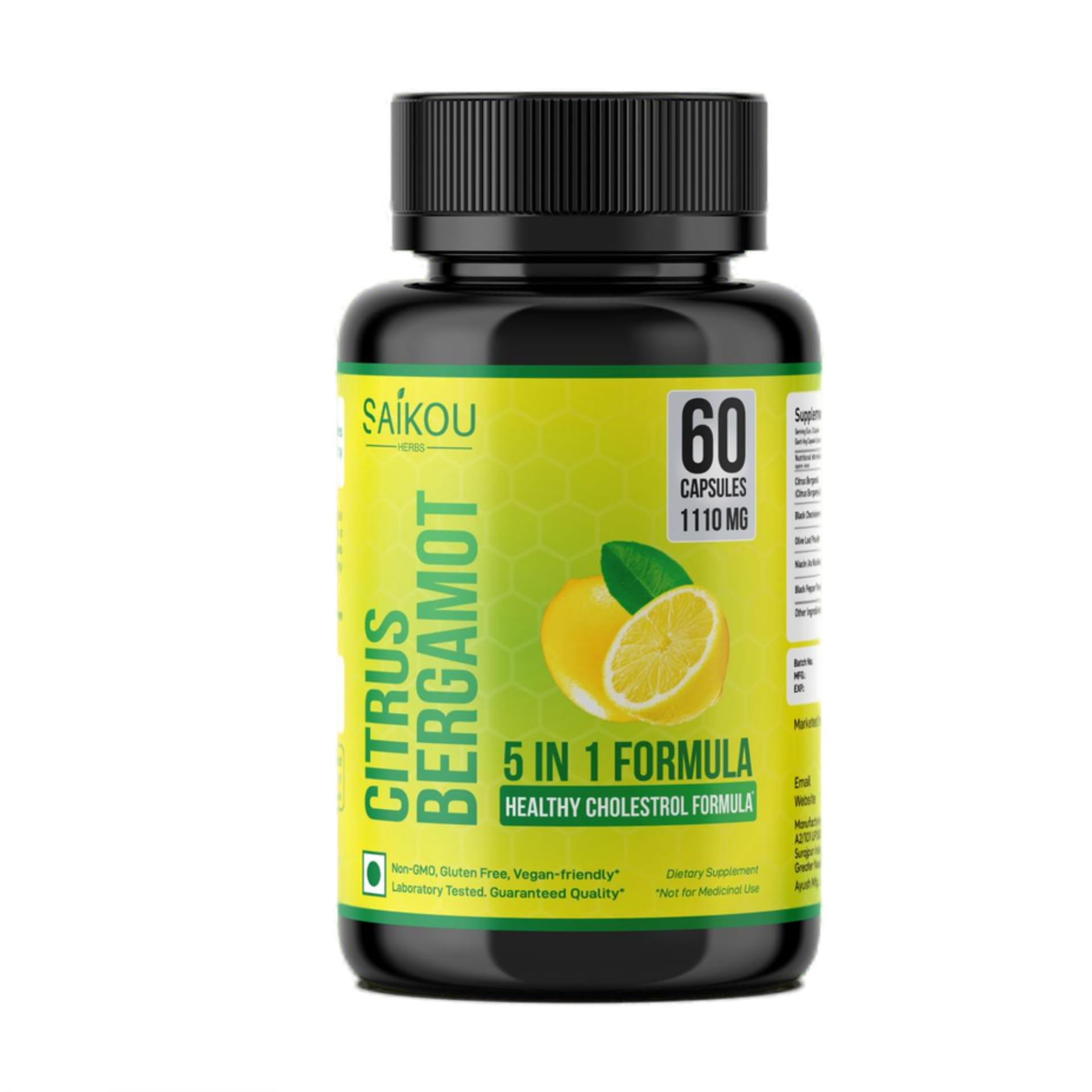 SAIKOU HERBS Citrus Bergamot 1110mg 5-in-1 Cardiovascular Wellness Formula with Black Chokeberry, Olive Leaf, Niacin & Black Pepper, 60 Capsules