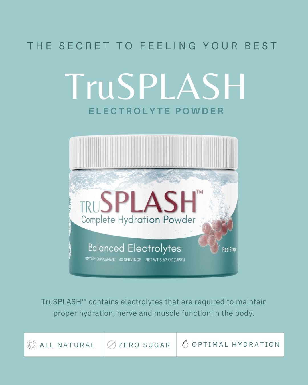 Truvidity Labs TruSPLASH Complete Hydration Electrolyte Powder (Natural Grape) - 30 Servings, 6.98 oz