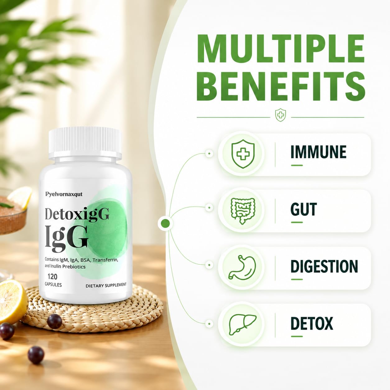 Pyelvornaxqut IgG Immunoglobulin Supplement - Bovine Colostrum Supplement Alternative - Dairy Free Bovine Immunoglobulin with IgM, IGA & Inulin Prebiotic Fiber 240 Capsules