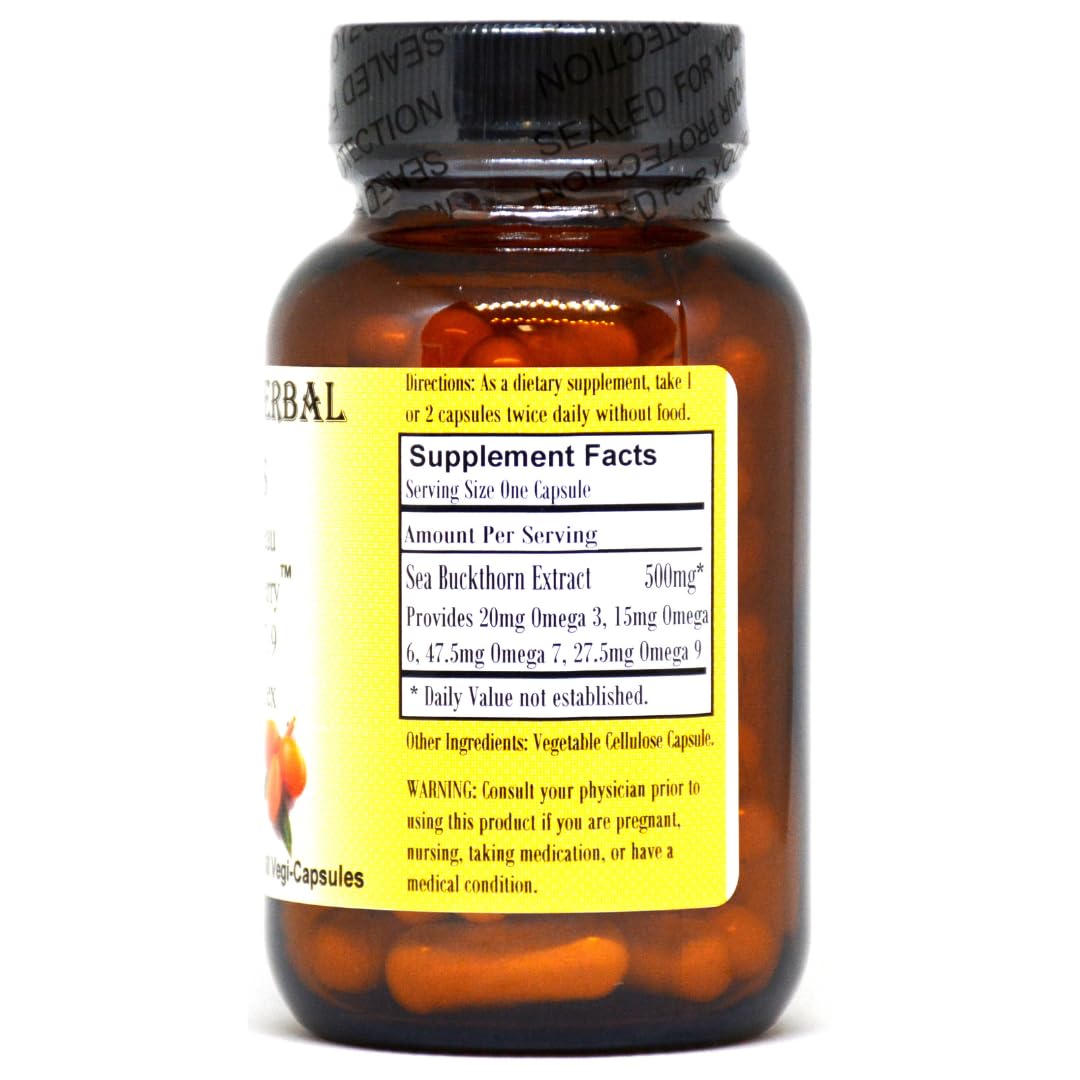 Barlowe's Herbal Elixirs Omegia Seaberry Sea Buckthorn Complete Omega 3, 6, 7, 9 Fatty Acids, 500mg per Capsule, 60 Veggie Capsules