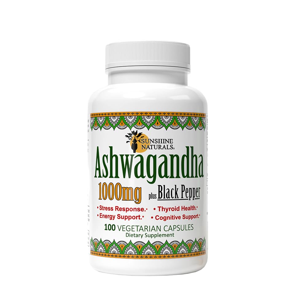 Sunshine Naturals Ashwagandha & Black Pepper Dietary Supplement 1000mg Capsules, 100 Count