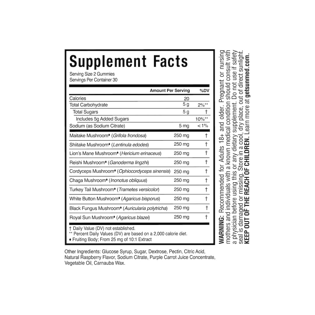 SUNMED All-in-One Mushroom Gummy Supplements, 10 Functional Mushrooms (Lion’s Mane, Reishi, Cordyceps, Chaga), Wild Raspberry Flavor, 60 Gummies