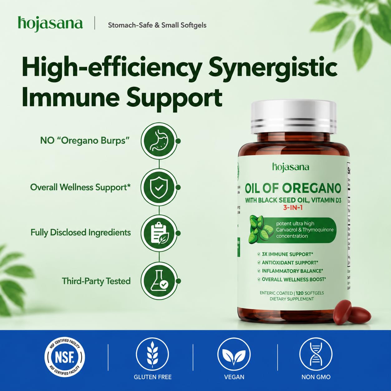HojaSana Oil of Oregano with Black Seed Oil & Vitamin D3 Softgels 120 Count