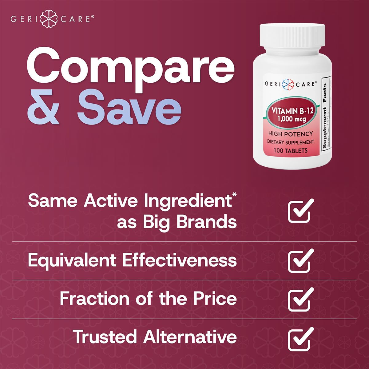 GeriCare Vitamin B-12 1000mcg High Potency Tablets, 100 Count