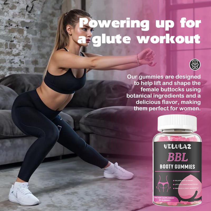 Velulaz Booty Gummies for Women - BBL Gummies with Multivitamins and Herbal Extracts - Strawberry Flavor, 60 Count