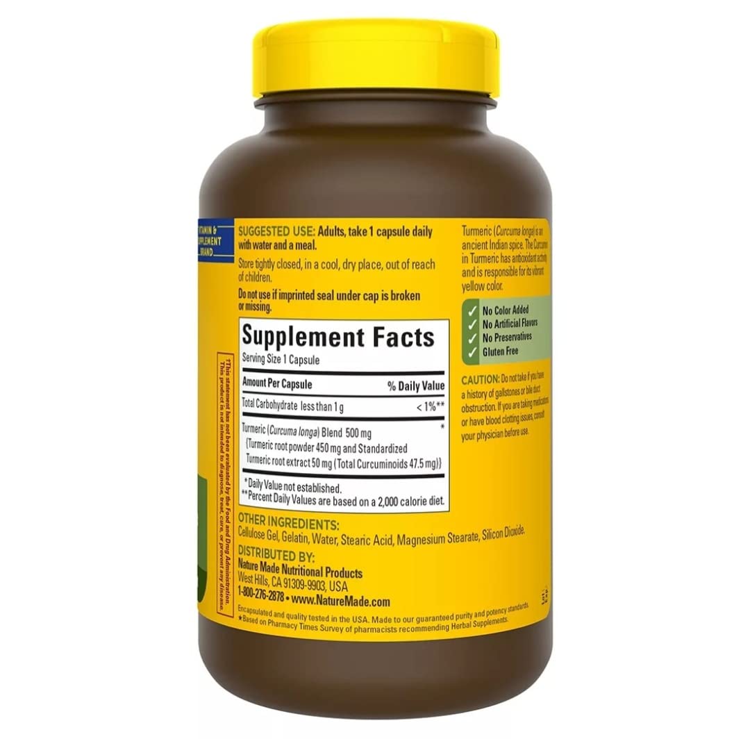 Nature Made Turmeric Curcumin 500 mg Capsules, 180 Count