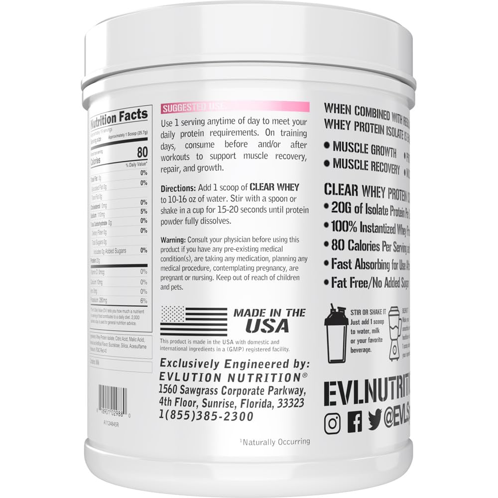 Evlution Clear Whey Protein Isolate Powder 17.6 oz Pink Lemonade
