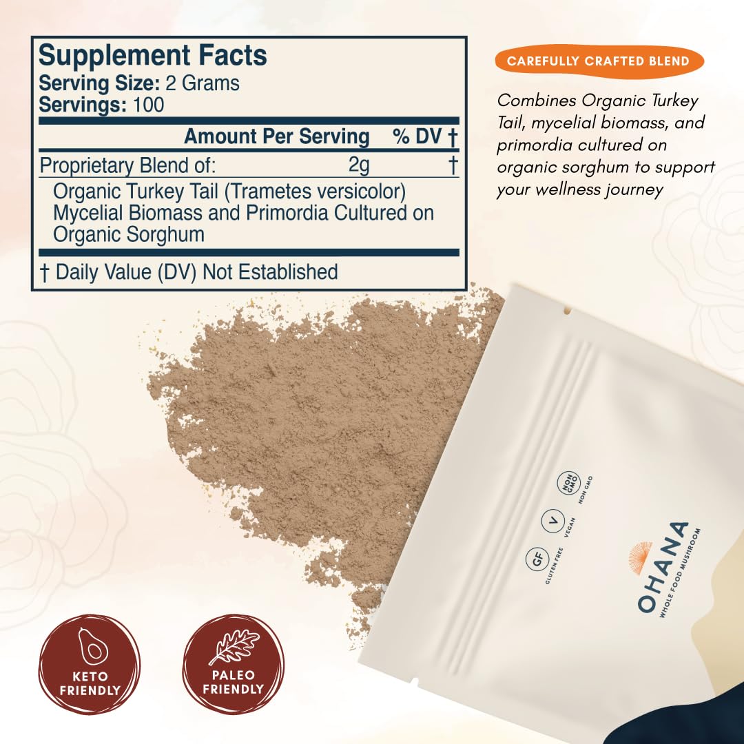 Ohana Mushrooms Turkey Tail Organic Mushrooms Powder Blend Whole Food Mushroom Supplement, Non-GMO, Gluten-Free, 7.05 oz