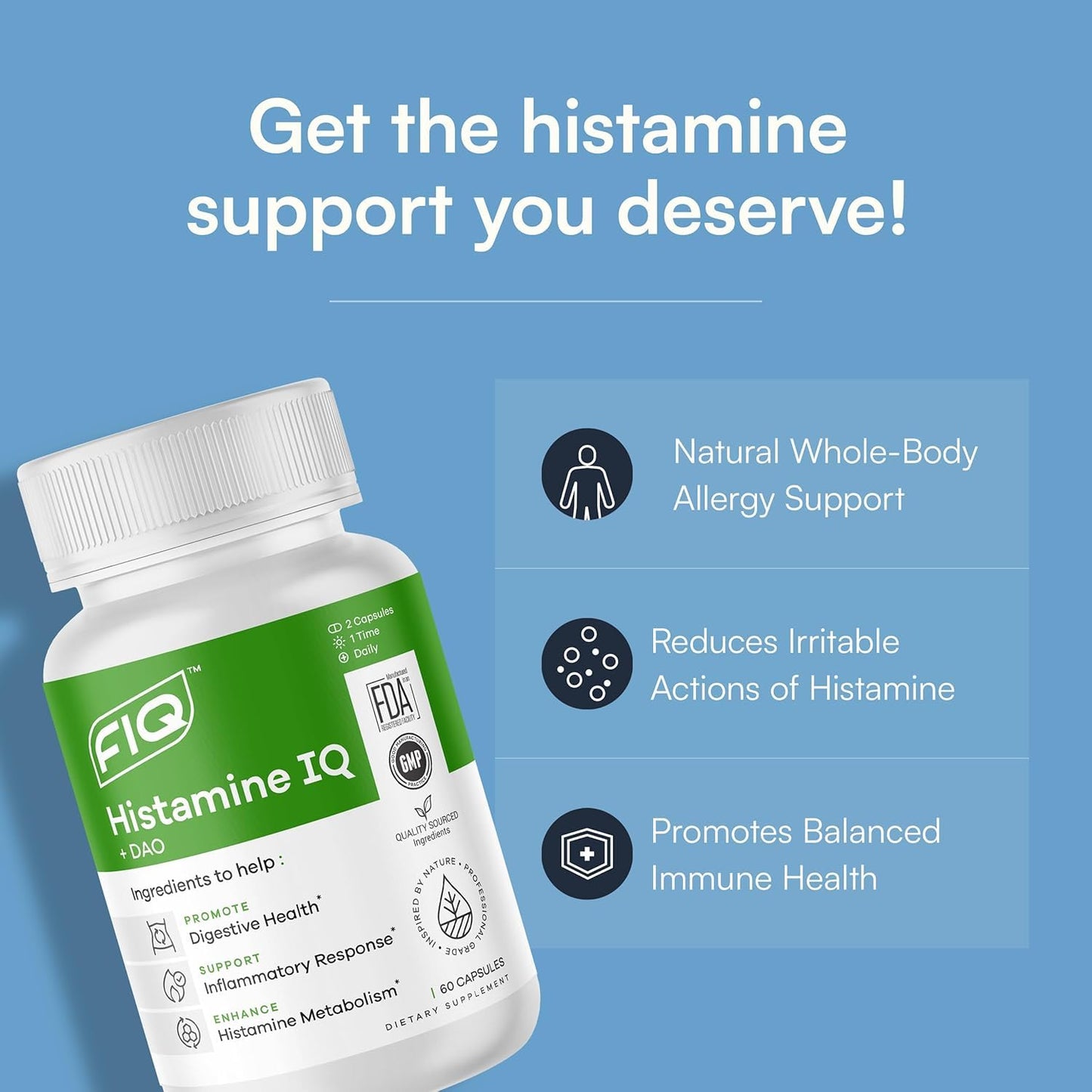 FIQ Formula IQ Histamine IQ Diamine Oxidase (DAO) Enzyme Supplement DAO Histamine Blocker Immune Support Capsules, 60 Count