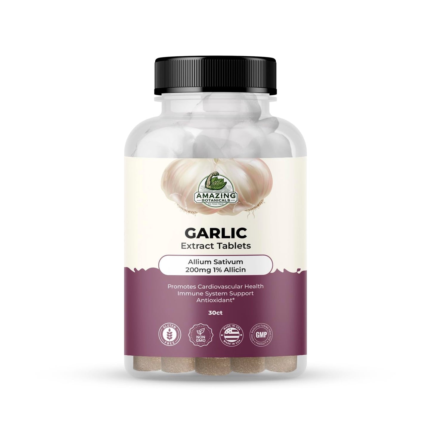 Amazing Botanicals Garlic Extract Tablets 200mg Allium Sativum 1% Allicin - High Potency Herbal Supplement, 30 Count