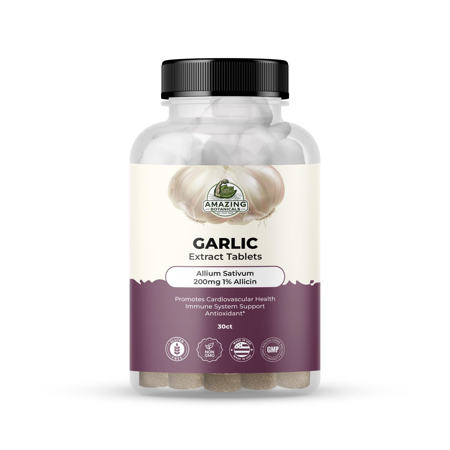 Amazing Botanicals Garlic Extract Tablets 200mg Allium Sativum 1% Allicin - High Potency Herbal Supplement, 30 Count
