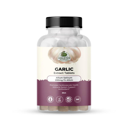 Amazing Botanicals Garlic Extract Tablets 200mg Allium Sativum 1% Allicin - High Potency Herbal Supplement, 30 Count