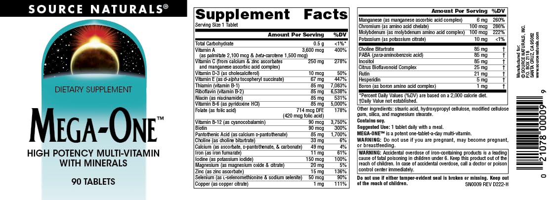 Source Naturals Mega-One Multi-Vitamin with Minerals 90 Tablets
