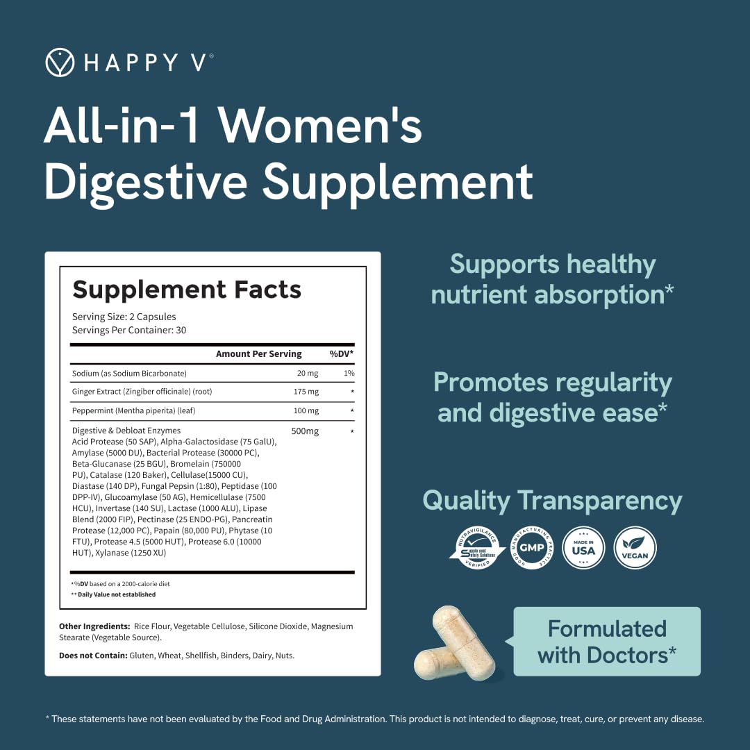 Happy V Debloat + Digest Digestive Enzymes Capsule, 60 Count