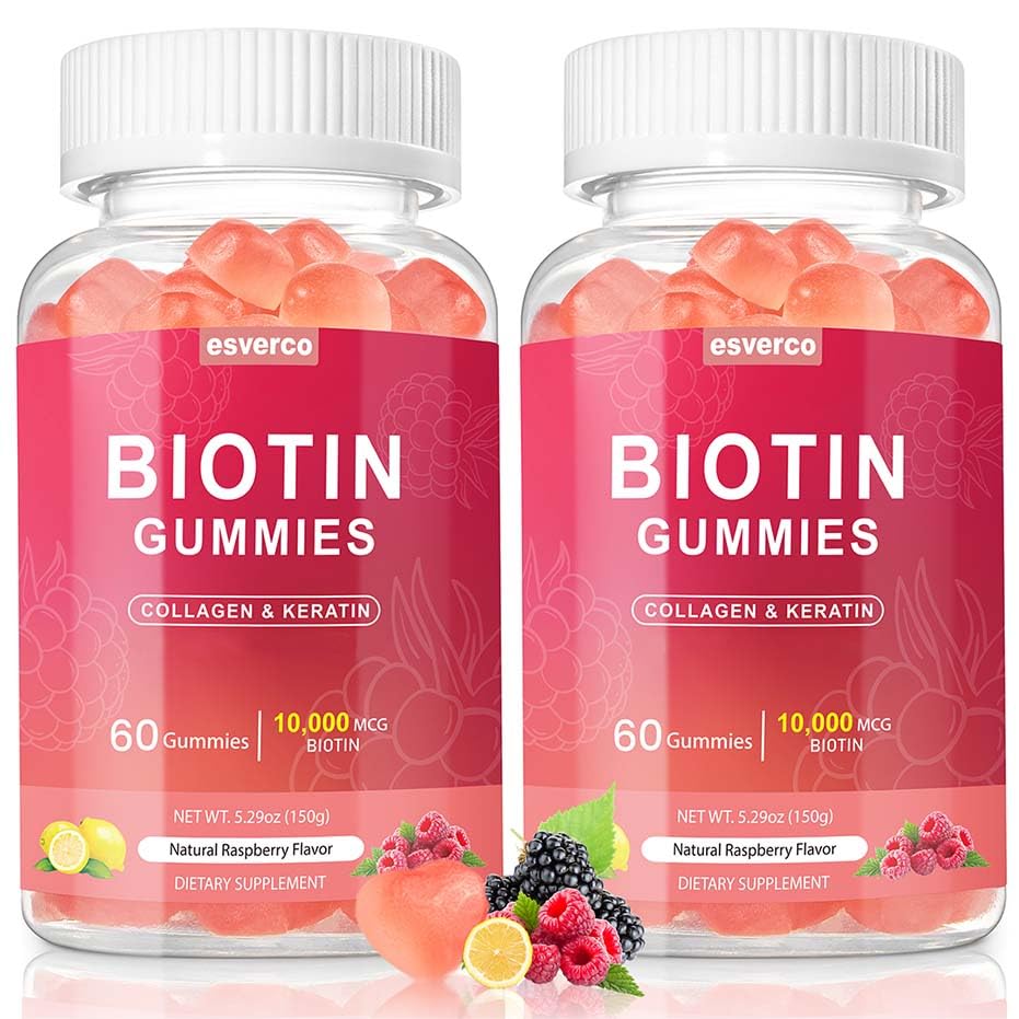 esverco Biotin 10000mcg Keratin Collagen Gummies Hair Nail Vegan 120 Count
