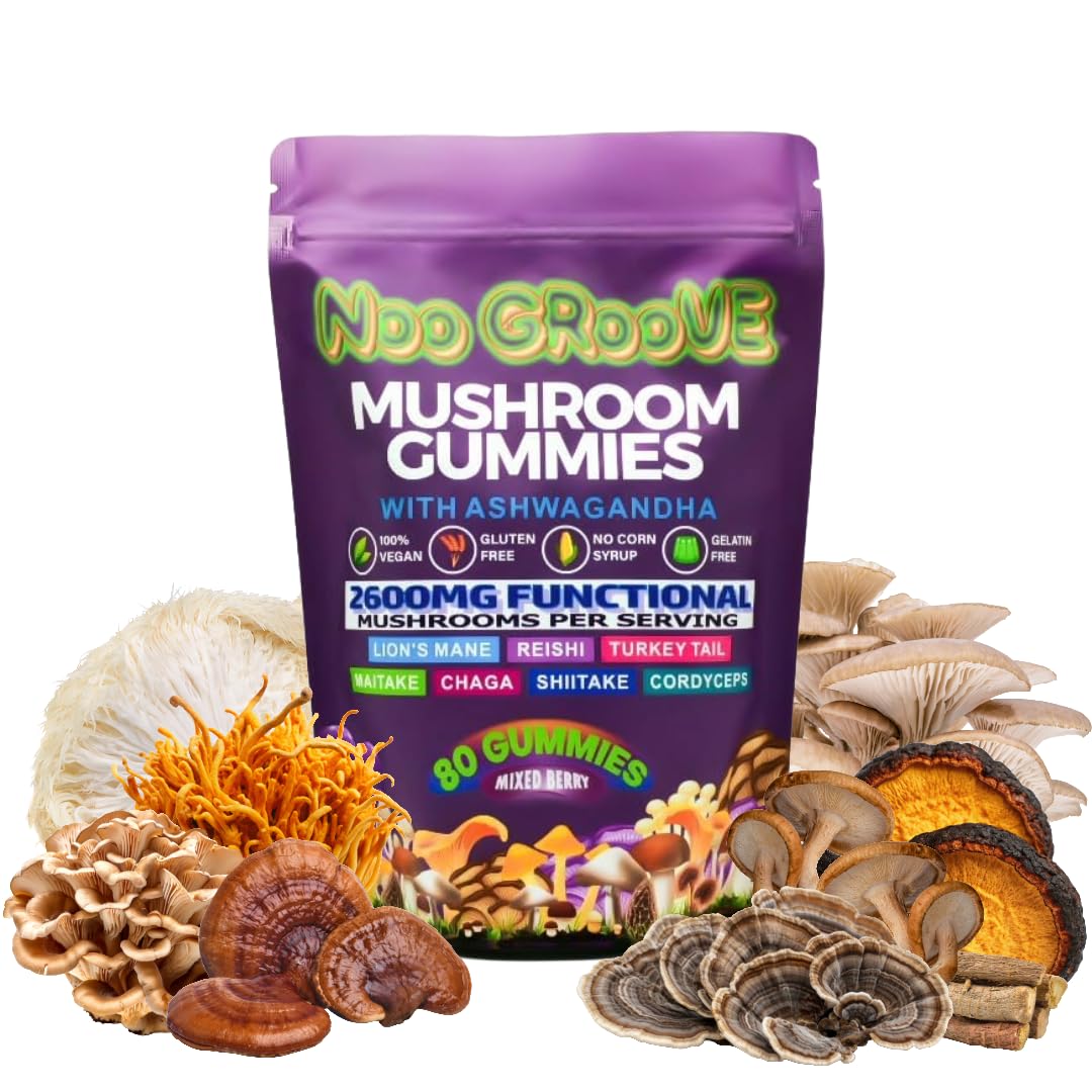 Noo Groove Organic Functional Mushroom Gummies with Ashwagandha, Lions Mane, Reishi, Turkey Tail, 2600mg, 80 Count