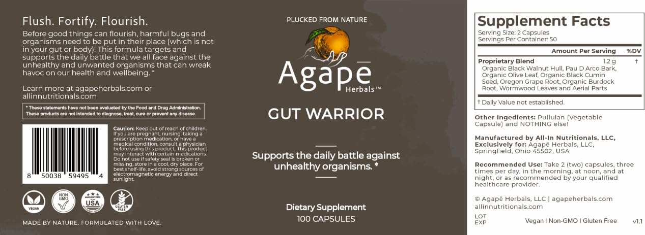 All In Nutritionals Agapé Herbals Gut Warrior Capsules 100