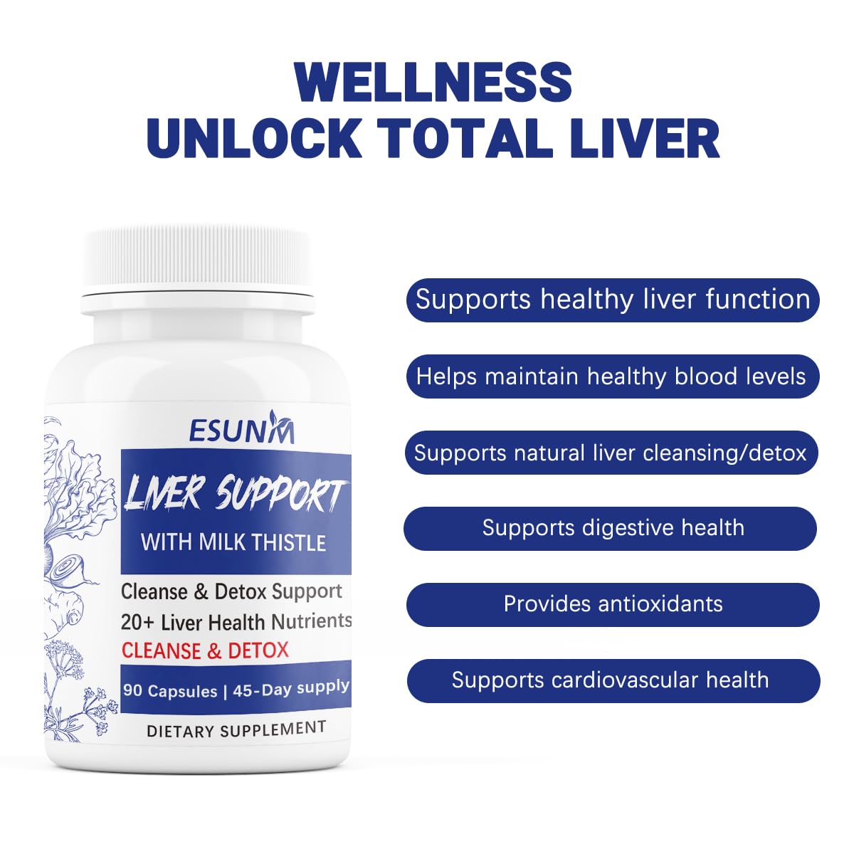 ESUNM Advanced Liver Cleanse Support Supplement – Milk Thistle Liver Detox with Silymarin, Dandelion, Artichoke, Beetroot & Choline Capsules, 60 Count