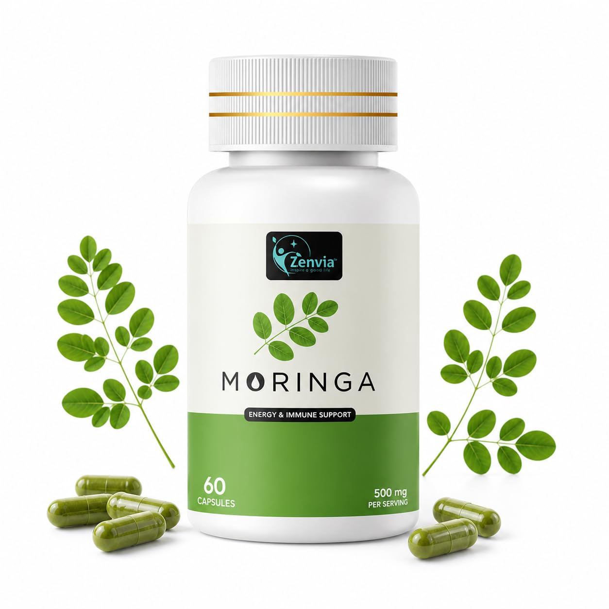 ZENVIA Organic Moringa Leaf Capsules 1000 mg, 60 Capsules