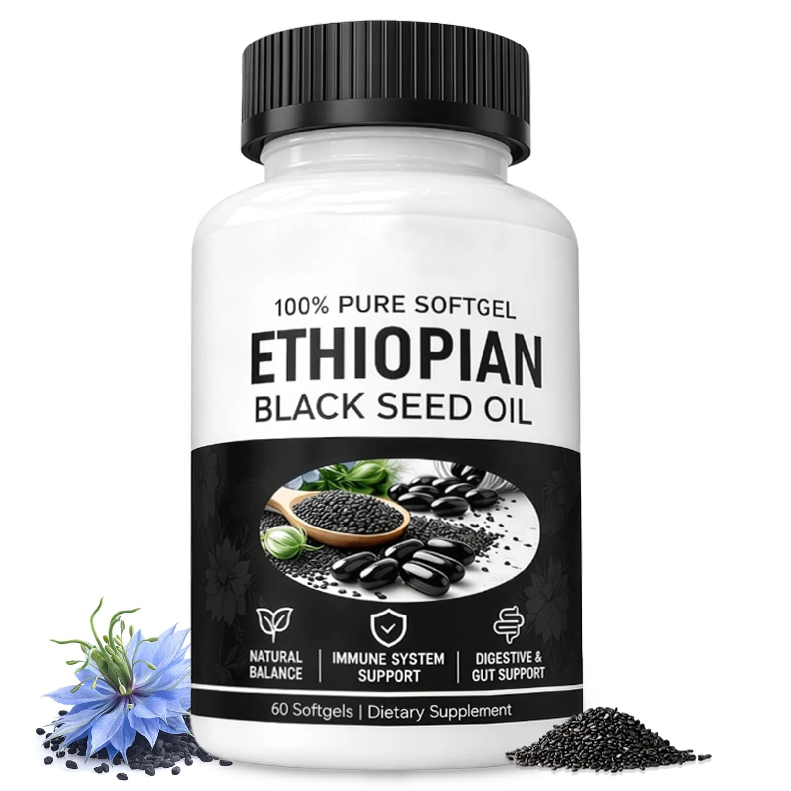 tebazoew Ethiopian Black Seed Oil Capsules 4.64% Thymoquinone, Immune Support & Digestion & Energy Booster, Non-GMO, Gluten-Free, 1 Count